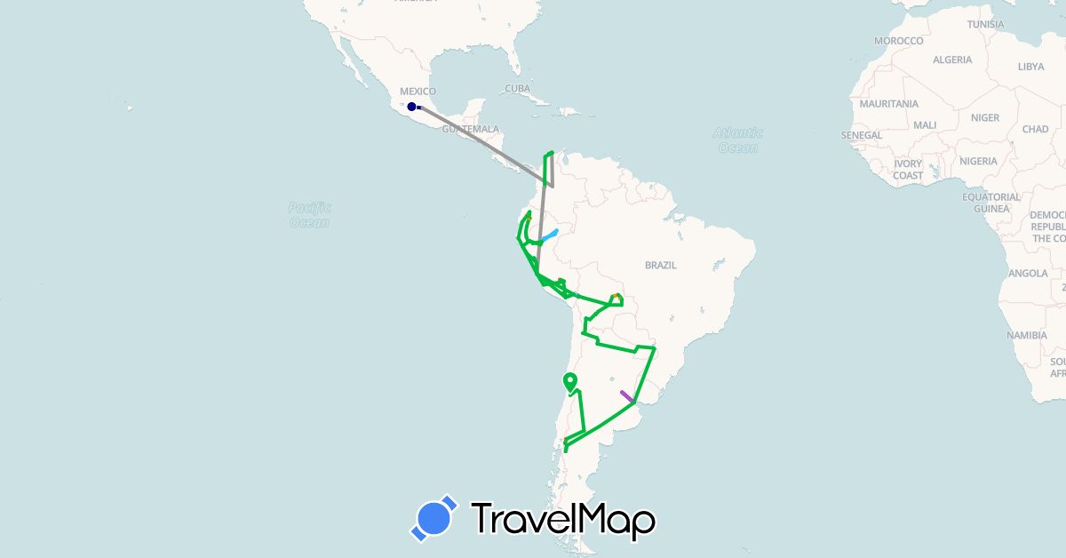 TravelMap itinerary: driving, bus, plane, train, hiking, boat, hitchhiking in Argentina, Bolivia, Chile, Colombia, Ecuador, Mexico, Peru, Paraguay (North America, South America)
